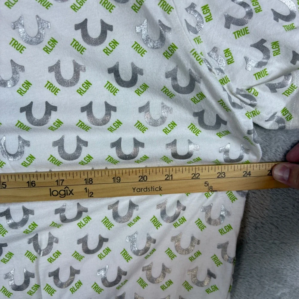 True Religion Shirt Men XXXL All Over Logo Horseshoe Graphic White Silver Green